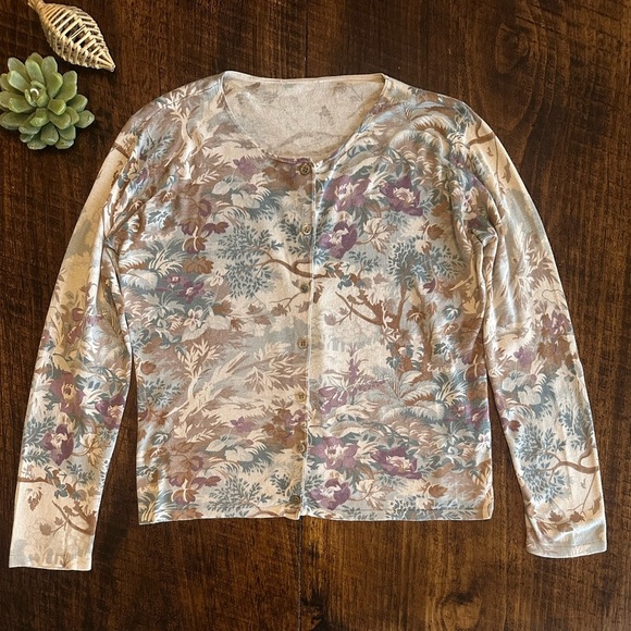 J. Jill | Cashmere Blend Pastel Floral Print Button Down Cardigan Sweater - Picture 1 of 8